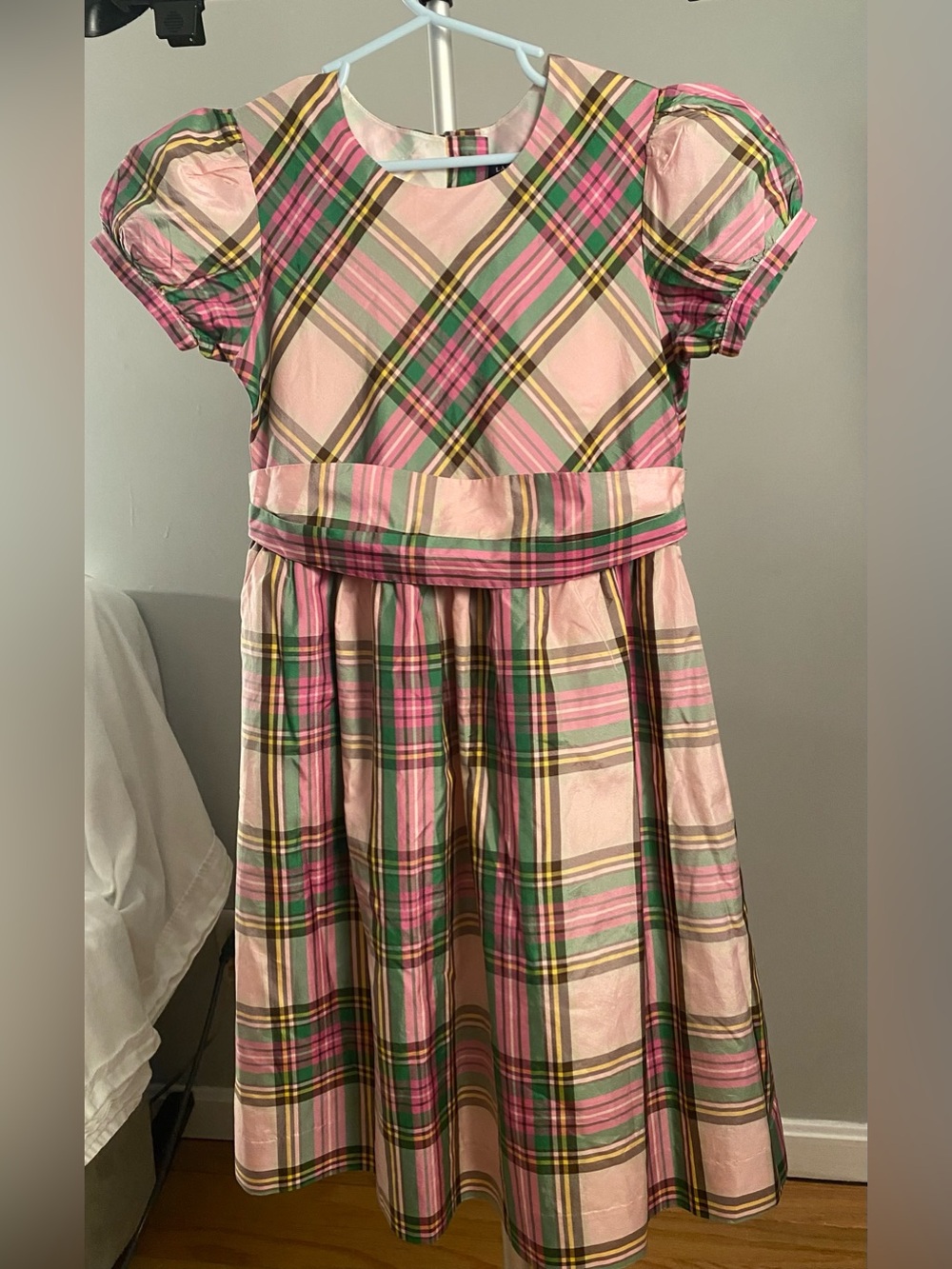 Lands’ End Girls 6X 100% Silk Pink Plaid Puff Sleeve Party Dress EUC